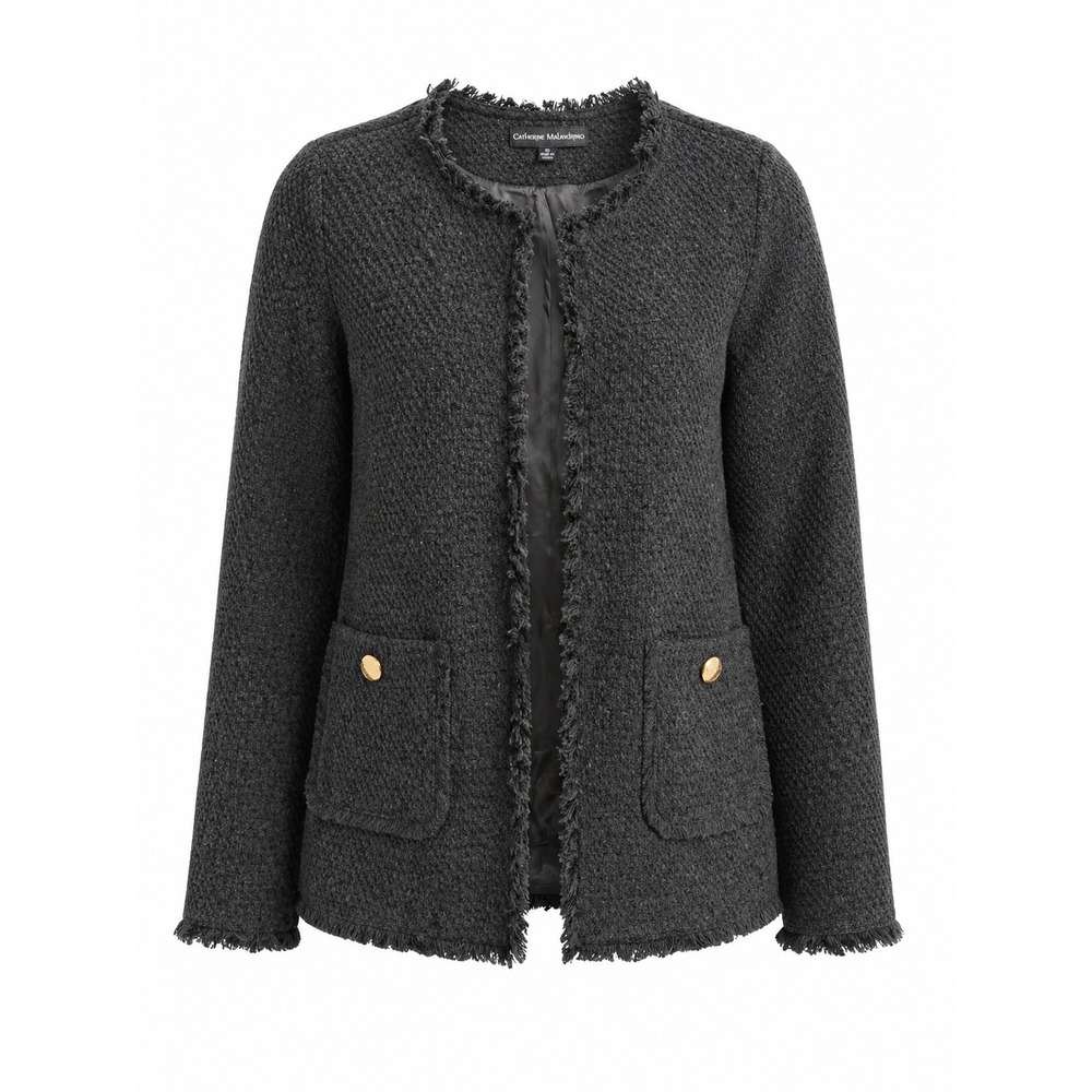 Catherine Malandrino Womens Charcoal Grey Fringe Tweed Open Front Jacket Size 10
